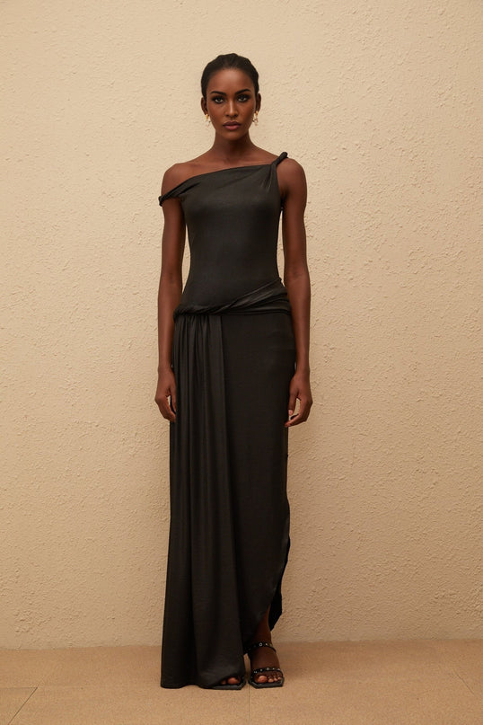 Paige Maxi Dress Black Asymmetrical Mono Shoulder Braided Detailing Side Slit Sleeveless Side Zip Fastening 100% Terylene Fiber