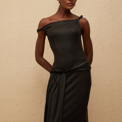Paige Maxi Dress Black Asymmetrical Mono Shoulder Braided Detailing Side Slit Sleeveless Luxurious Terylene Fiber Special Occasion