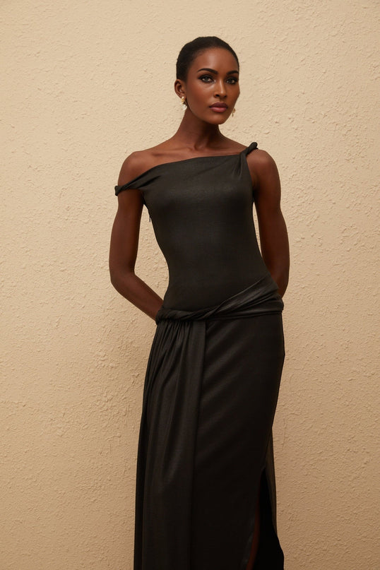Paige Maxi Dress Black Asymmetrical Mono Shoulder Braided Detailing Side Slit Sleeveless Luxurious Terylene Fiber Special Occasion