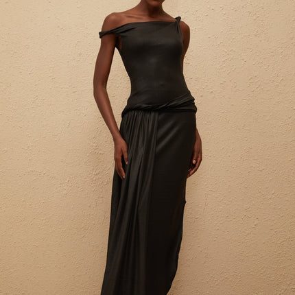 Paige Maxi Dress Black Asymmetrical Mono Shoulder Braided Detailing Side Slit Sleeveless Chic Elegant Special Occasion 100% Terylene Fiber