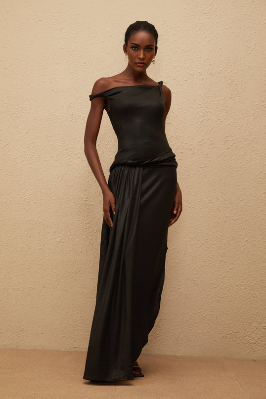 Paige Maxi Dress Black Asymmetrical Mono Shoulder Braided Detailing Side Slit Sleeveless Chic Elegant Special Occasion 100% Terylene Fiber
