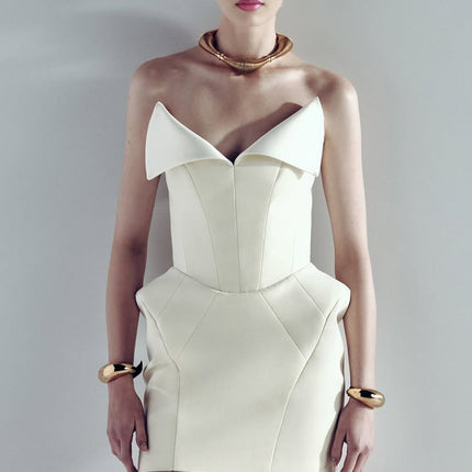 Paige Mini Dress White Lapel Detailing Barrel Waist Corset Sleeveless Straight Hem Rear Zip Fastening Thigh Length Terylene Viscose Elastane Blend Luxury Fashion