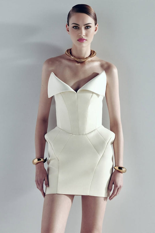 Paige Mini Dress White Lapel Detailing Barrel Waist Corset Sleeveless Straight Hem Rear Zip Fastening Thigh Length Terylene Viscose Elastane Blend Luxury Fashion