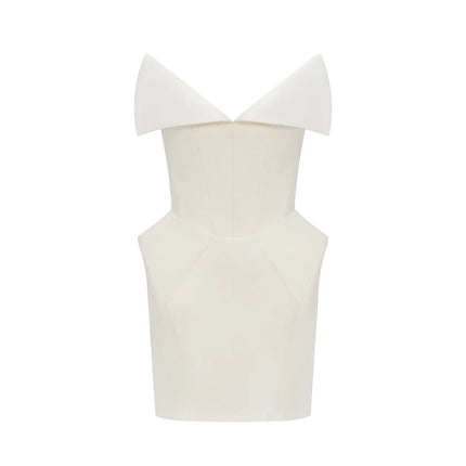 Paige White Mini Dress Lapel Detailing Barrel Waist Corset Sleeveless Straight Hem Rear Zip Fastening Thigh Length Terylene Viscose Elastane Blend