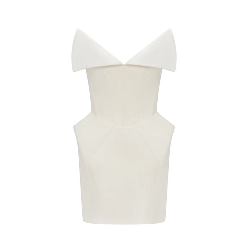 Paige White Mini Dress Lapel Detailing Barrel Waist Corset Sleeveless Straight Hem Rear Zip Fastening Thigh Length Terylene Viscose Elastane Blend