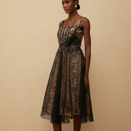 Paisley Black Floral Lace Belted Midi Dress with Square Neck and Wide Straps