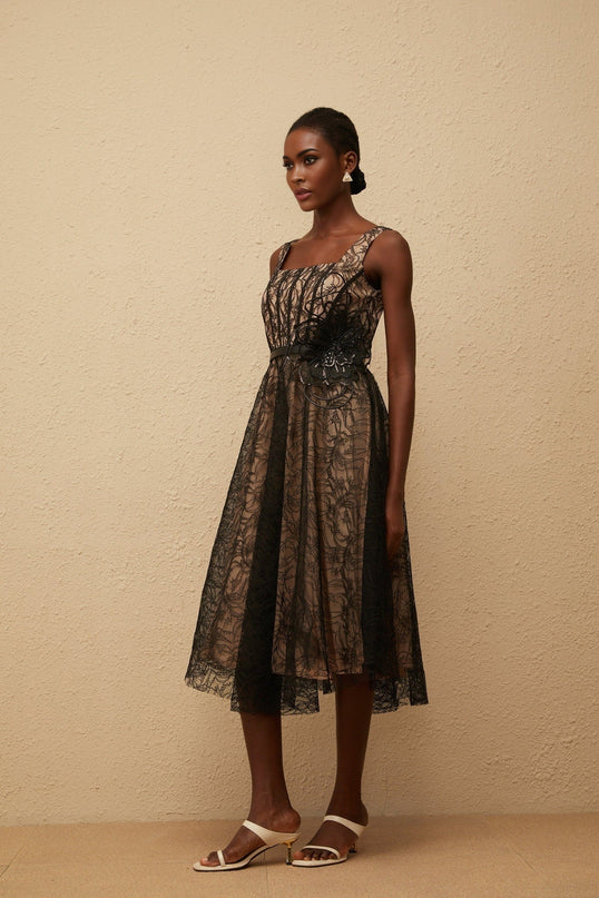 Paisley Black Floral Lace Belted Midi Dress with Square Neck and Wide Straps