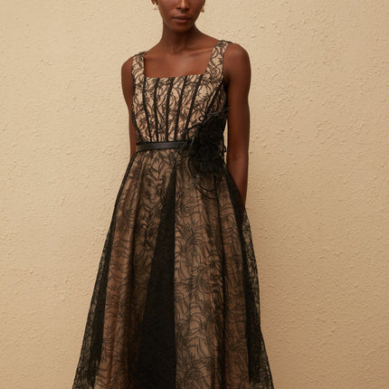 Paisley Black Floral Lace Belted Midi Dress