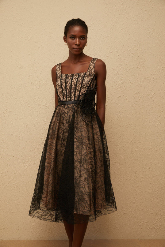 Paisley Black Floral Lace Belted Midi Dress