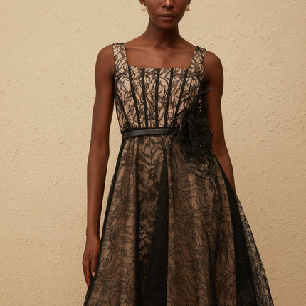Paisley Black Floral Lace Belted Midi Dress Square Neck Sleeveless Wide Straps Tulle Panelling 3D-petal Detailing Calf Length