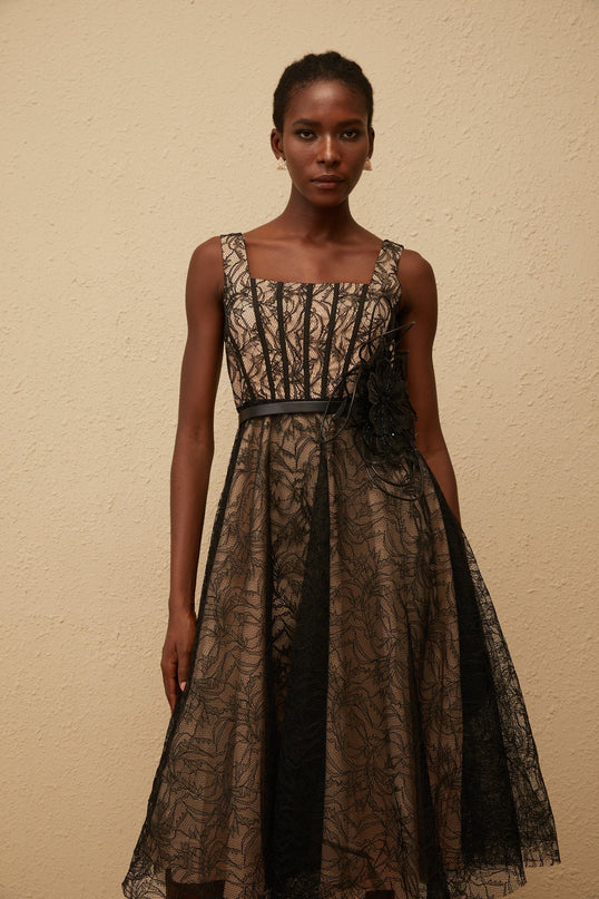 Paisley Black Floral Lace Belted Midi Dress Square Neck Sleeveless Wide Straps Tulle Panelling 3D-petal Detailing Calf Length