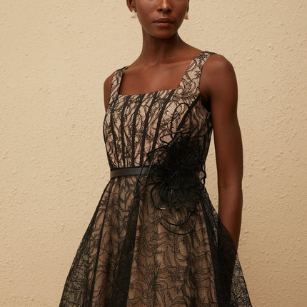 Paisley Black Floral Lace Belted Midi Dress