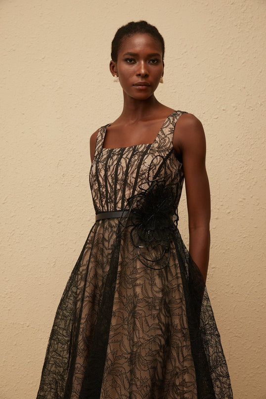 Paisley Black Floral Lace Belted Midi Dress
