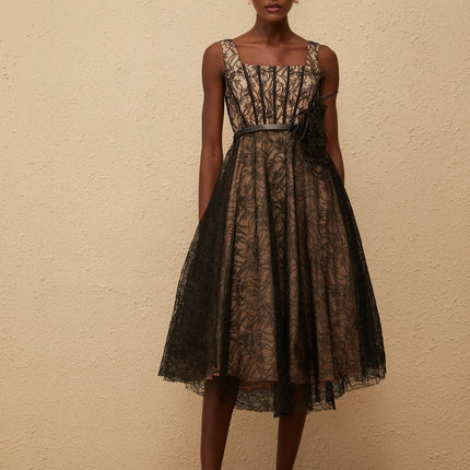 Paisley Black Floral Lace Belted Midi Dress