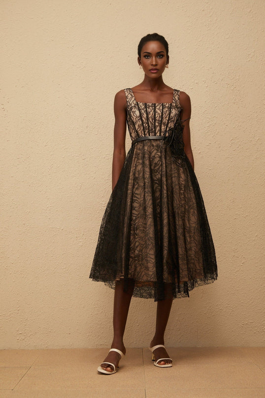 Paisley Black Floral Lace Belted Midi Dress