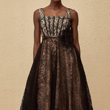Paisley Black Floral Lace Belted Waist Midi Dress
