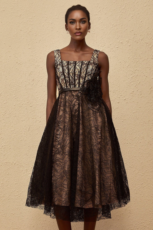 Paisley Black Floral Lace Belted Waist Midi Dress