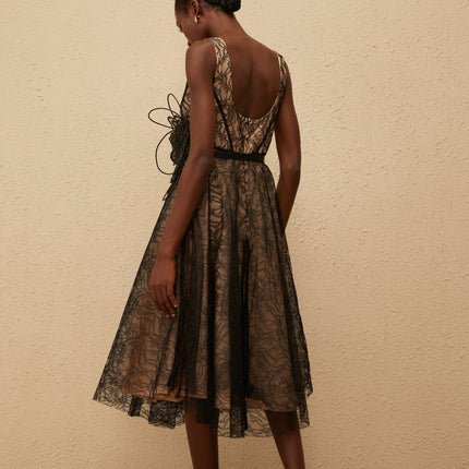 Paisley Black Floral Lace Midi Dress with Belt Detailing Square Neck Sleeveless Wide Straps Belted Waist 3D-petal Tulle Panelling Rear Zip Fastening Calf Length 100% Terylene Fiber