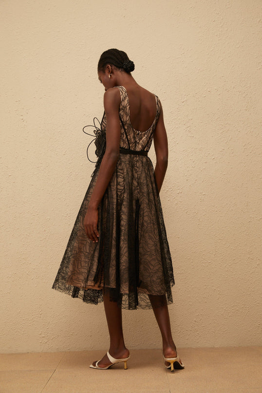 Paisley Black Floral Lace Midi Dress with Belt Detailing Square Neck Sleeveless Wide Straps Belted Waist 3D-petal Tulle Panelling Rear Zip Fastening Calf Length 100% Terylene Fiber