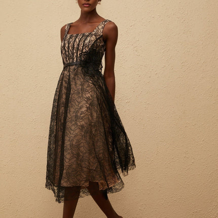 Paisley Black Floral Lace Midi Dress with Belt Detailing Square Neck Sleeveless Wide Straps Belted Waist 3D-petal Tulle Panelling Rear Zip Fastening Calf Length 100% Terylene Fiber