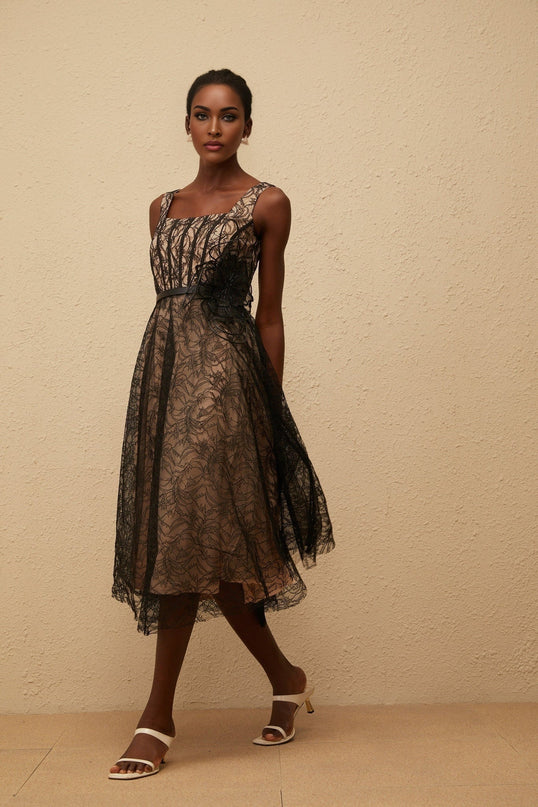 Paisley Black Floral Lace Midi Dress with Belt Detailing Square Neck Sleeveless Wide Straps Belted Waist 3D-petal Tulle Panelling Rear Zip Fastening Calf Length 100% Terylene Fiber