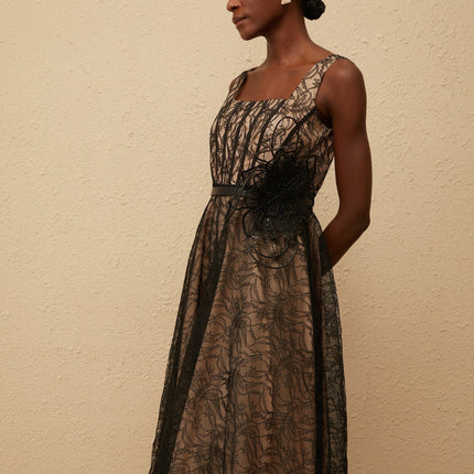 Paisley Black Floral Lace Midi Dress with Belt Detailing Square Neck Sleeveless Wide Straps Belted Waist 3D-petal Tulle Panelling Rear Zip Fastening Calf Length 100% Terylene Fiber