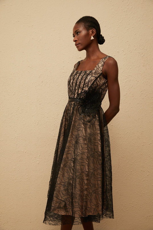Paisley Black Floral Lace Midi Dress with Belt Detailing Square Neck Sleeveless Wide Straps Belted Waist 3D-petal Tulle Panelling Rear Zip Fastening Calf Length 100% Terylene Fiber