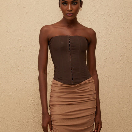 Paisley Brown Panelled Draped Mesh Midi Dress