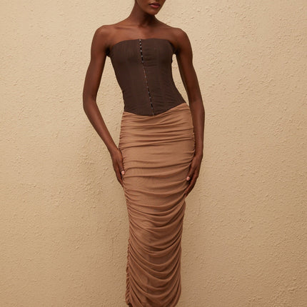 Paisley Brown Panelled Draped Mesh Midi Dress