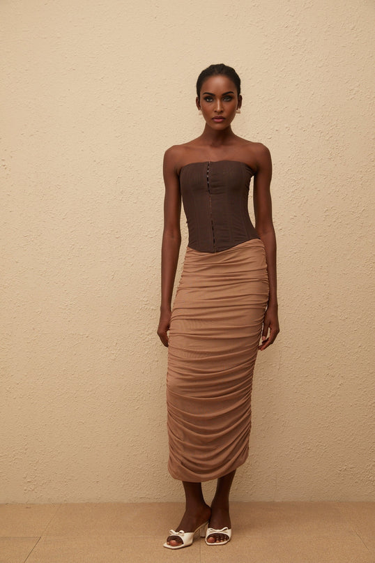 Paisley Brown Panelled Draped Mesh Midi Dress