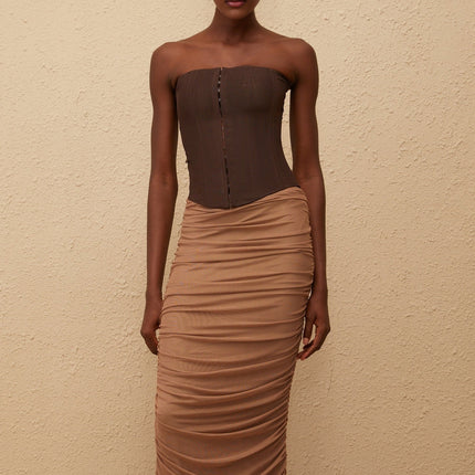 Paisley Brown Panelled Draped Mesh Midi Dress