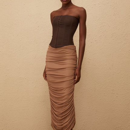 Paisley Brown Panelled Draped Mesh Midi Dress