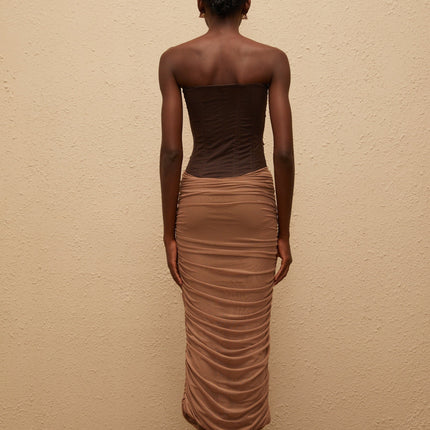 Paisley Brown Panelled Draped Mesh Midi Dress