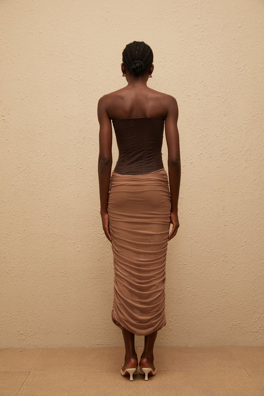 Paisley Brown Panelled Draped Mesh Midi Dress