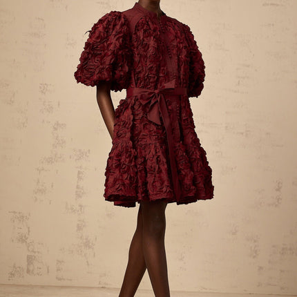 Paisley Wine Red 3D Petal Detail Mini Dress Terylene Fiber Front Button Fastening