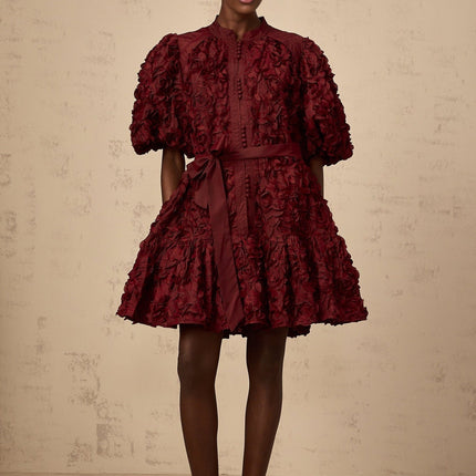 Paisley Wine Red 3D Petal Detail Mini Dress Terylene Fiber