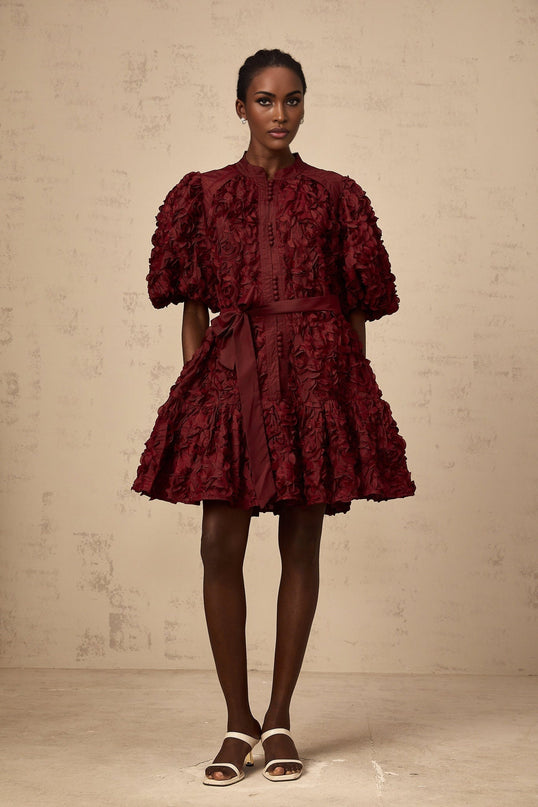 Paisley Wine Red 3D Petal Detail Mini Dress Terylene Fiber