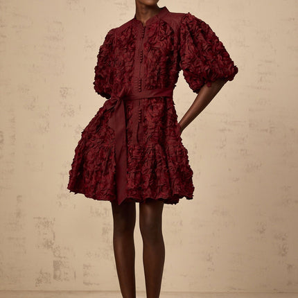 Paisley Wine Red 3D Petal Detail Mini Dress with Tied Waist and Puff Sleeves