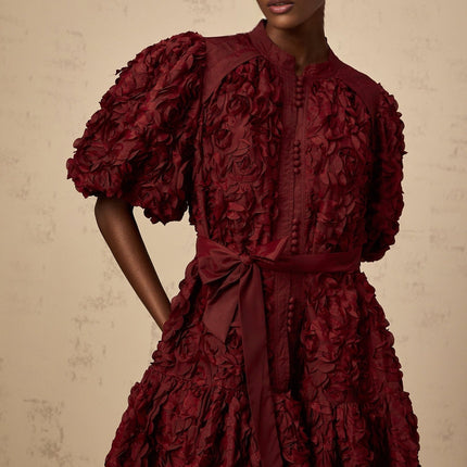 Paisley Wine Red 3D Petal Detail Mini Dress with Tied Waist and Puff Sleeves