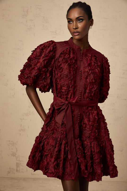 Paisley Wine Red 3D Petal Detail Mini Dress with Tied Waist and Puff Sleeves