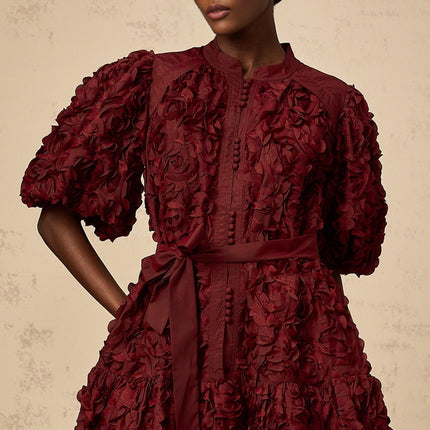 Paisley Wine Red 3D Petal Mini Dress Terylene Fiber Round Neck Front Button Fastening