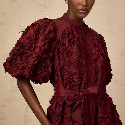 Paisley Wine Red 3D Petal Mini Dress Terylene Fiber Round Neck Puff Sleeves Skirt