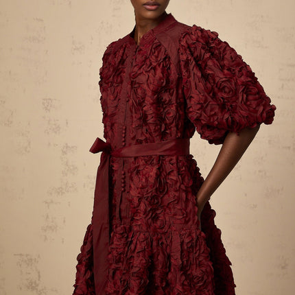 Paisley Wine Red 3D Petal Mini Dress Terylene Fiber Round Neck Button Fastening