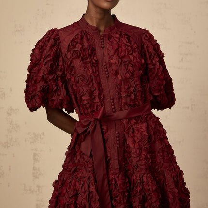 Paisley Wine Red 3D Petal Detail Mini Dress Terylene Fiber