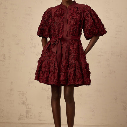 Paisley Wine Red Mini Dress with 3D petal detailing and tied waist, made from luxurious Terylene fiber