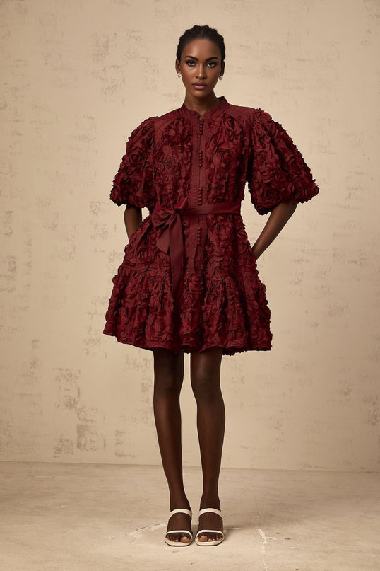 Paisley Wine Red Mini Dress with 3D petal detailing and tied waist, made from luxurious Terylene fiber