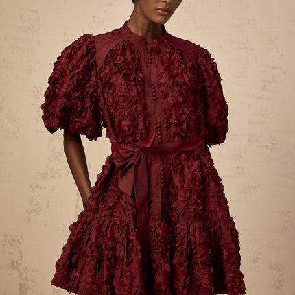 Paisley Wine Red 3D Petal Detailing Mini Dress Terylene Fiber