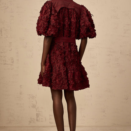 Paisley Wine Red 3D Petal Detailing Mini Dress Terylene Fiber