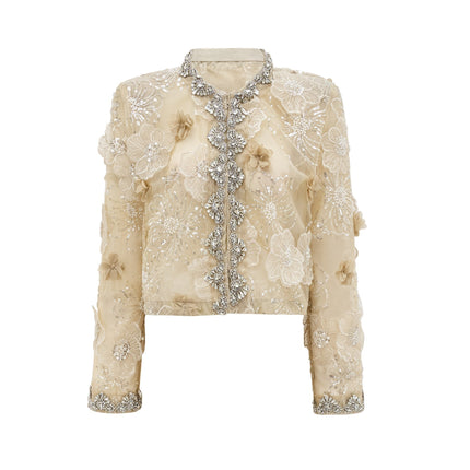 Paityn Floral Appliqué Jacket in Neutrals 100% Polyester with intricate floral appliqués and delicate crystal embellishments, semi-sheer construction, hook and eye fastening, long sleeves, and round neck for sophistication and charm