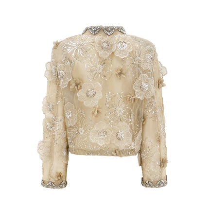 Paityn Floral Appliqué Jacket in Neutrals 100% Polyester with intricate floral appliqués and crystal embellishments